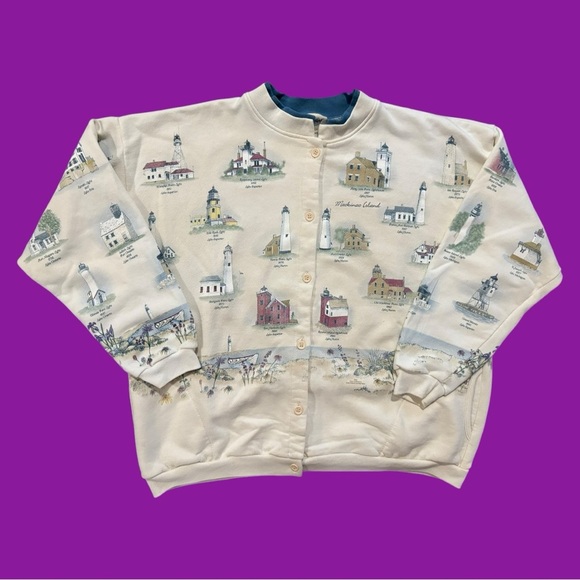 90s Mackinac Island Lighthouse Button Down Sweatshirt - Picture 3 of 5